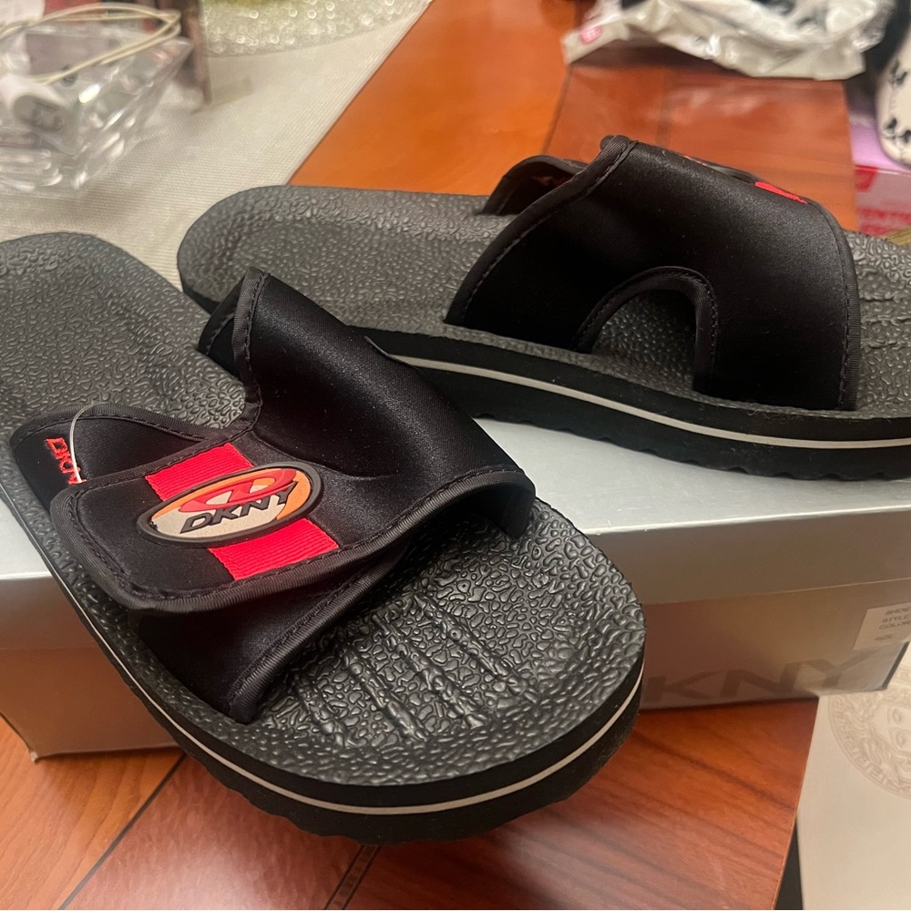 DKNY Black and Red Logo Slide Sandals